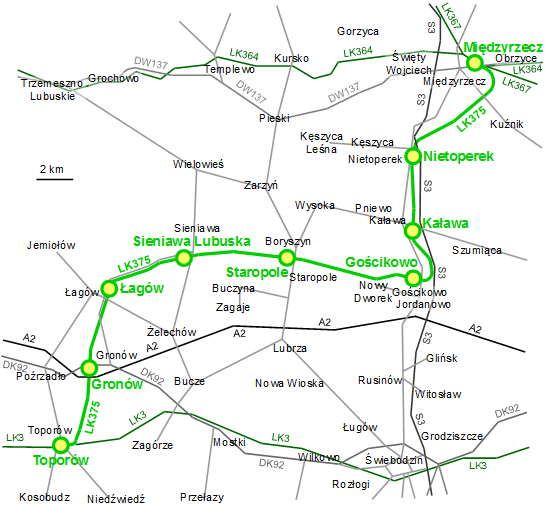 Mapa linii kolejowej Międzyrzecz - Toporów